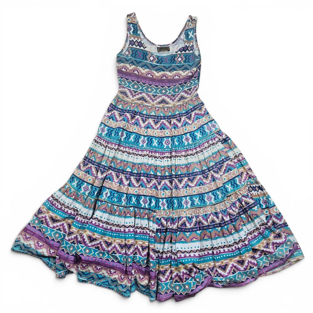 VINTAGE BLUE Southwestern Maxi Dress Women's 7/8 VTG 90's USA Cotton Tribal Boho